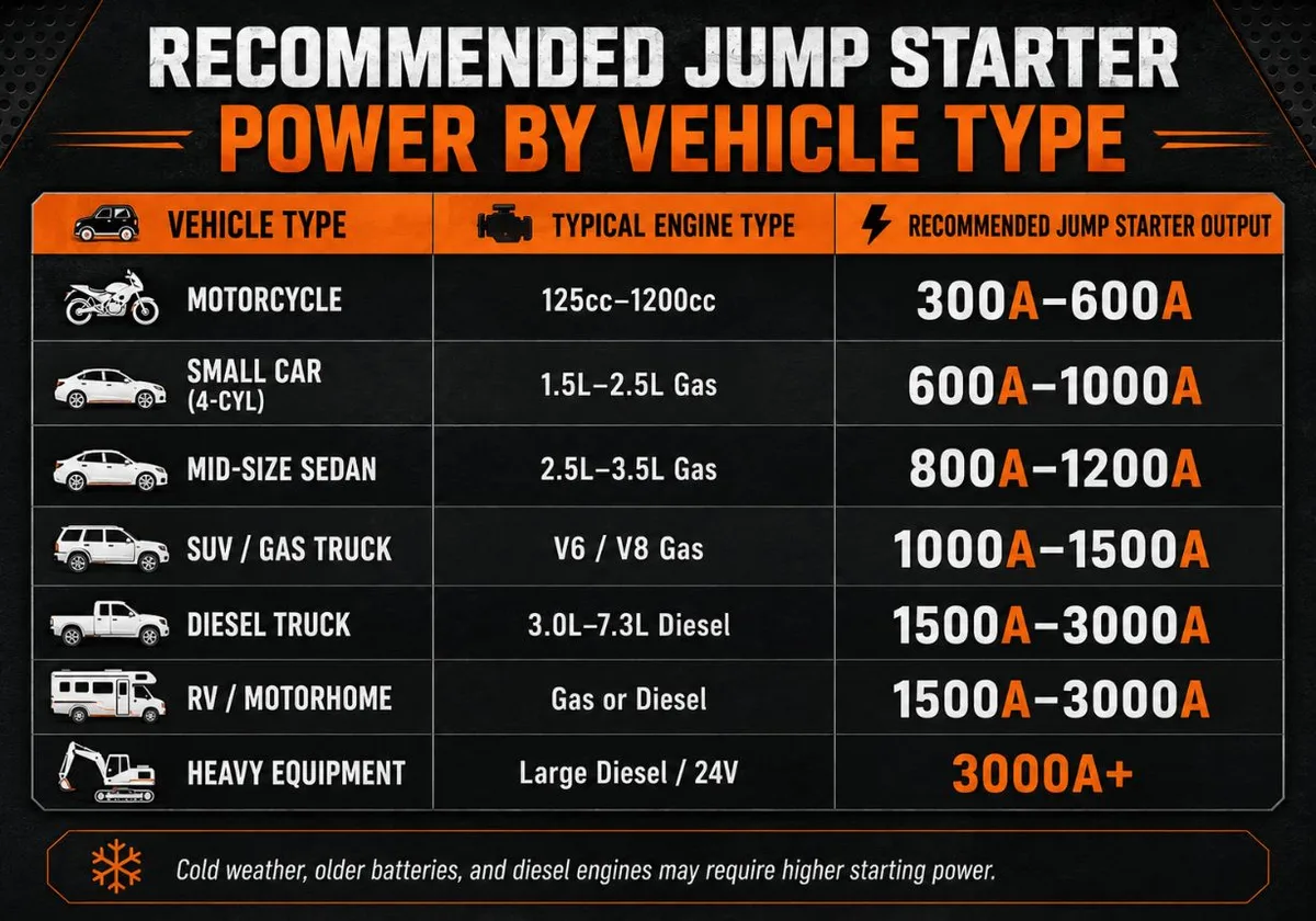 jump starter sizing chart by engine